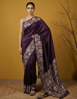 Purple silk blend printed woven design saree whit blouse 1
