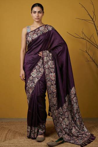 Purple silk blend printed woven design saree whit blouse