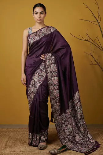 Purple silk blend printed woven design saree whit blouse