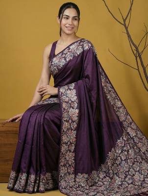 Purple silk blend printed woven design saree whit blouse 2
