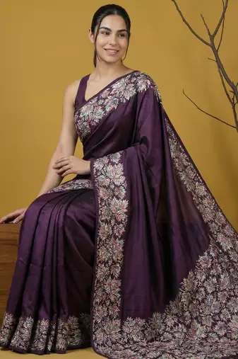 Purple silk blend printed woven design saree whit blouse