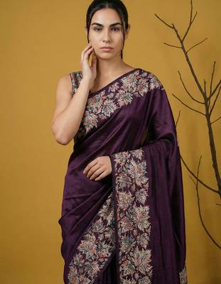 Purple silk blend printed woven design saree whit blouse 4