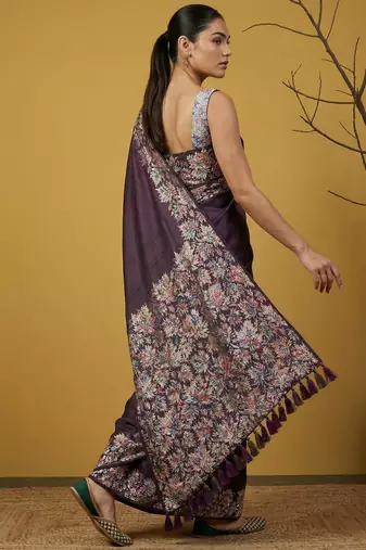 Purple silk blend printed woven design saree whit blouse