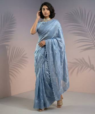 Blue silk blend printed woven design saree whit blouse 1
