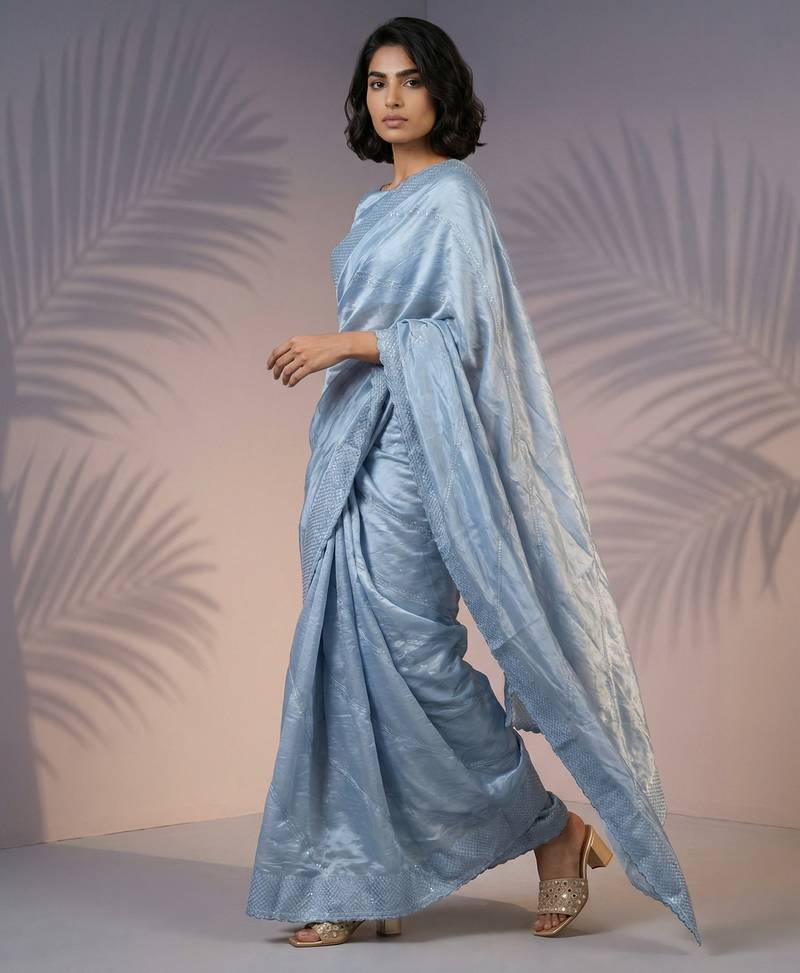 Blue silk blend printed woven design saree whit blouse