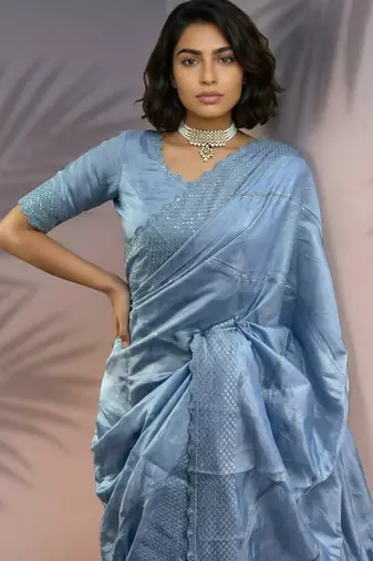 Blue silk blend printed woven design saree whit blouse