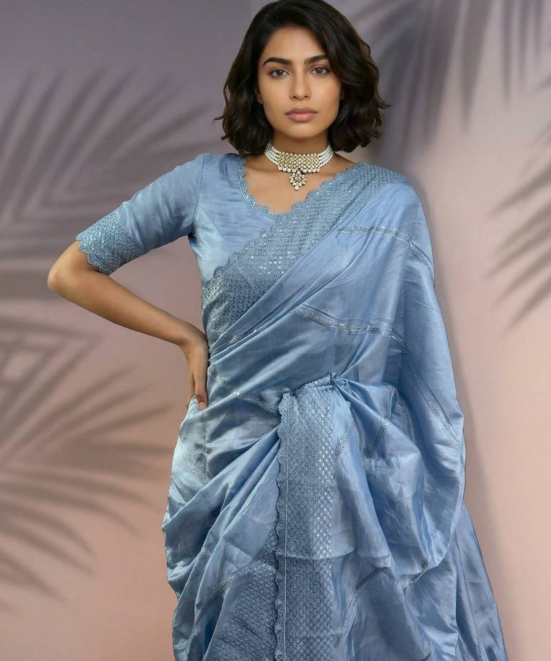 Blue silk blend printed woven design saree whit blouse
