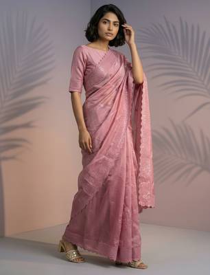 Pink silk blend printed woven design saree whit blouse 1