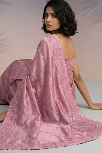 Pink silk blend printed woven design saree whit blouse