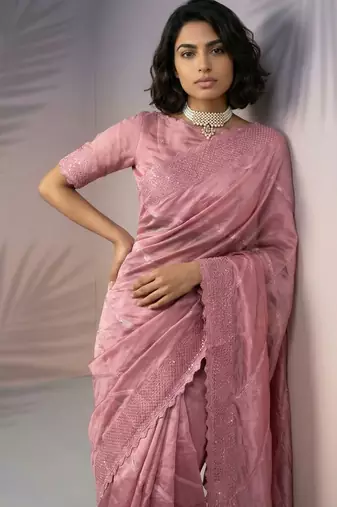 Pink silk blend printed woven design saree whit blouse