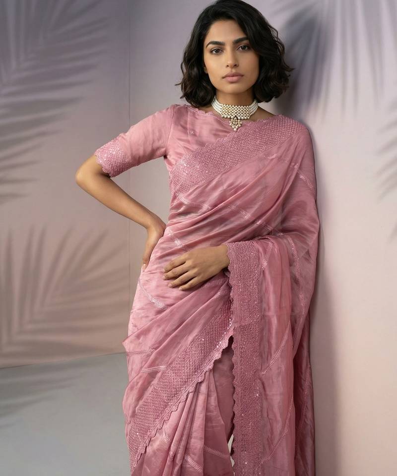 Pink silk blend printed woven design saree whit blouse