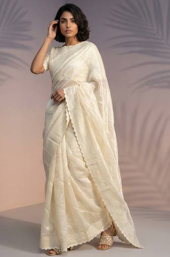 Cream silk blend printed woven design saree whit blouse