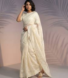 Cream silk blend printed woven design saree whit blouse