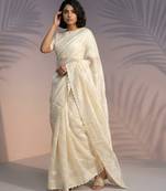 Cream silk blend printed woven design saree whit blouse