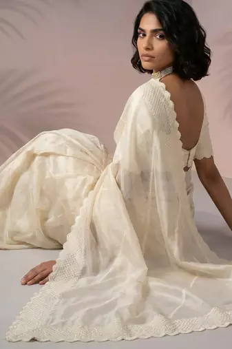 Cream silk blend printed woven design saree whit blouse