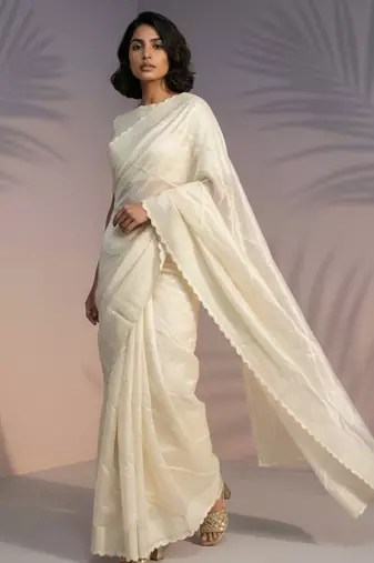 Cream silk blend printed woven design saree whit blouse
