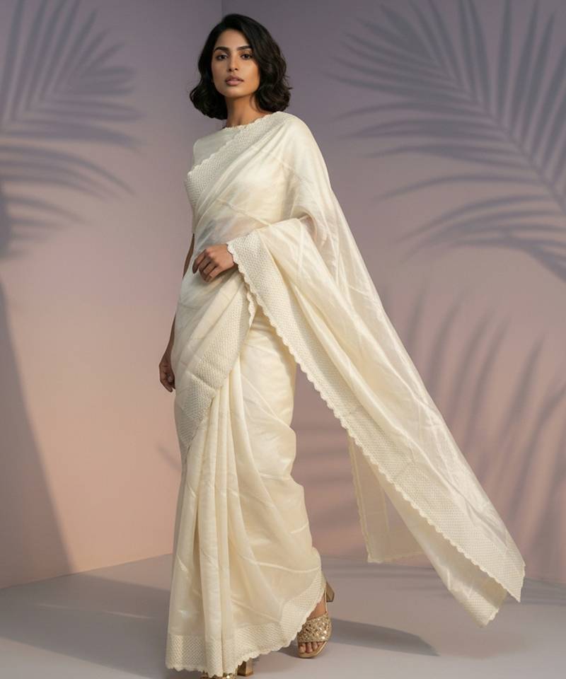 Cream silk blend printed woven design saree whit blouse