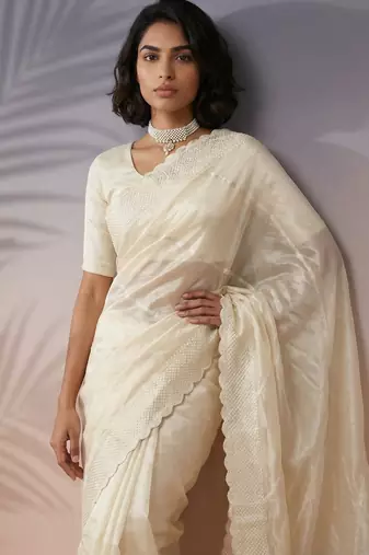 Cream silk blend printed woven design saree whit blouse