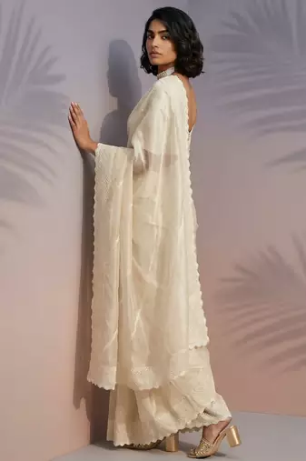Cream silk blend printed woven design saree whit blouse