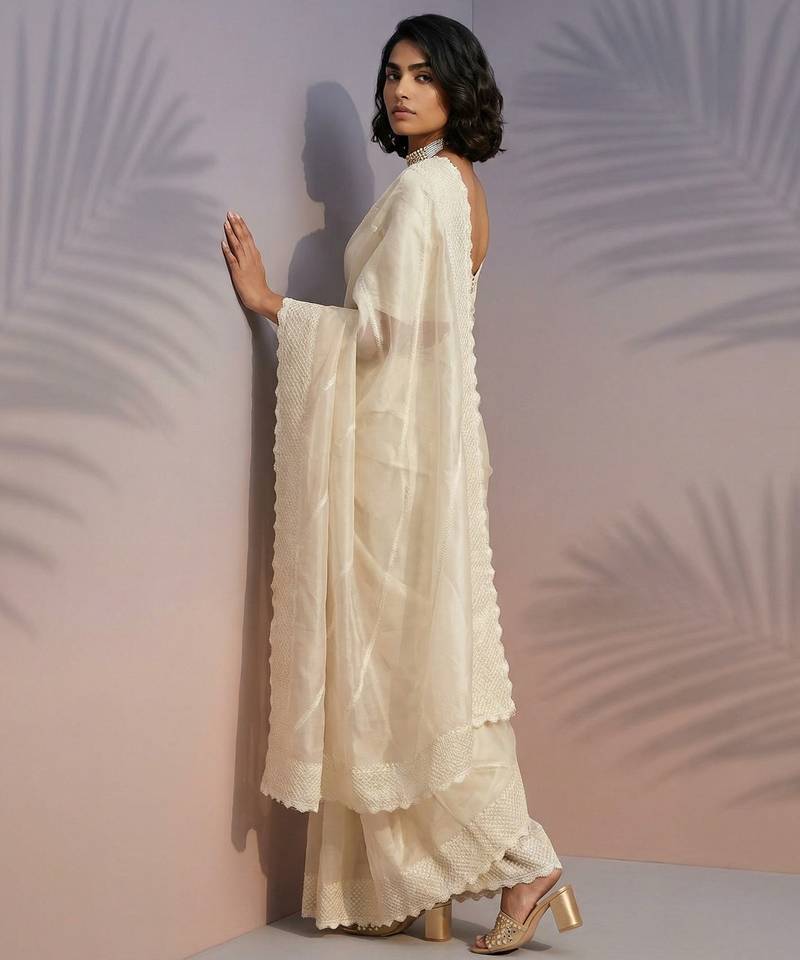 Cream silk blend printed woven design saree whit blouse