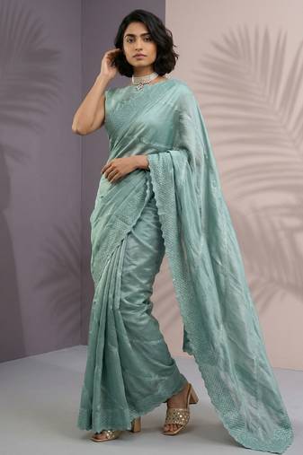 Light green silk blend printed woven design saree whit blouse