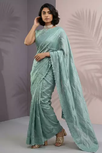 Light green silk blend printed woven design saree whit blouse