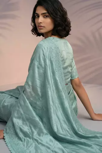 Light green silk blend printed woven design saree whit blouse