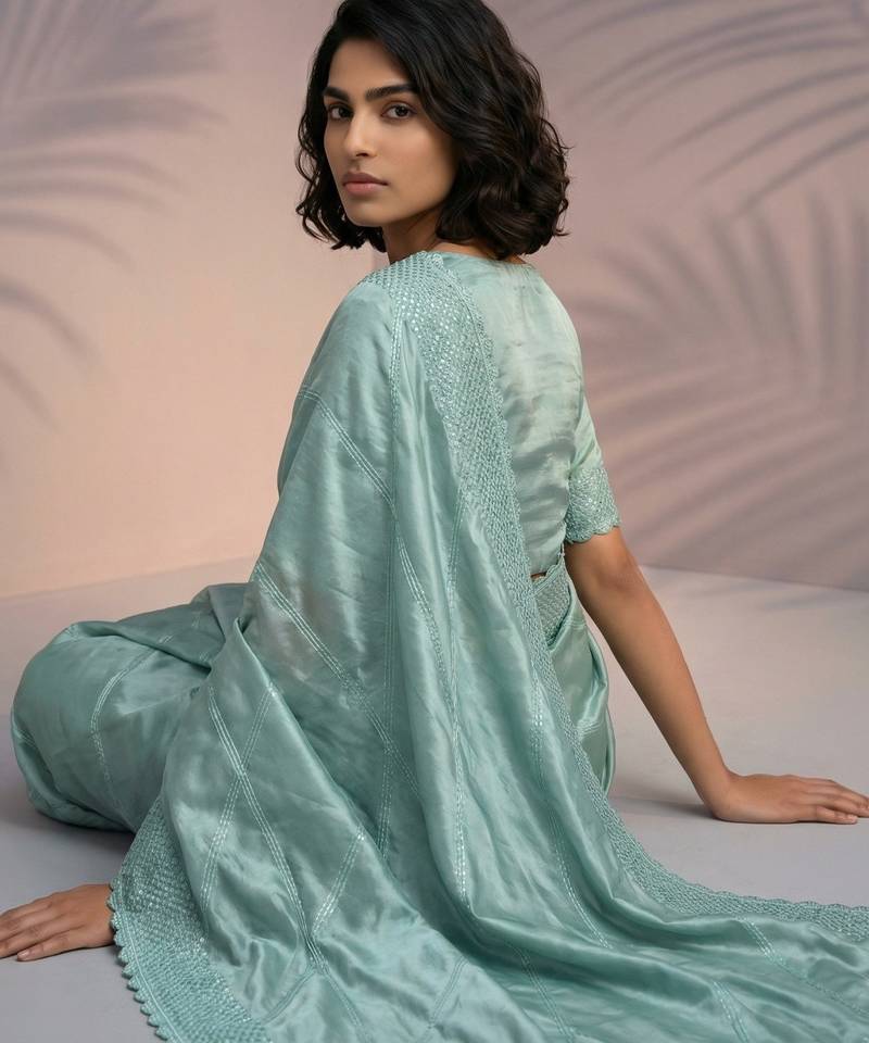 Light green silk blend printed woven design saree whit blouse