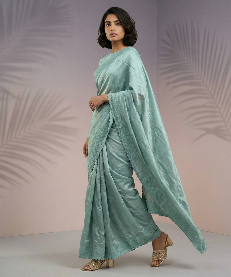 Light green silk blend printed woven design saree whit blouse