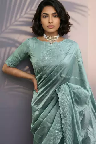 Light green silk blend printed woven design saree whit blouse