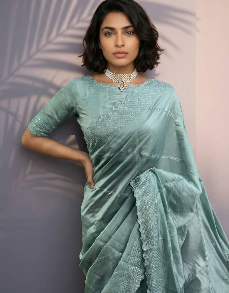 Light green silk blend printed woven design saree whit blouse