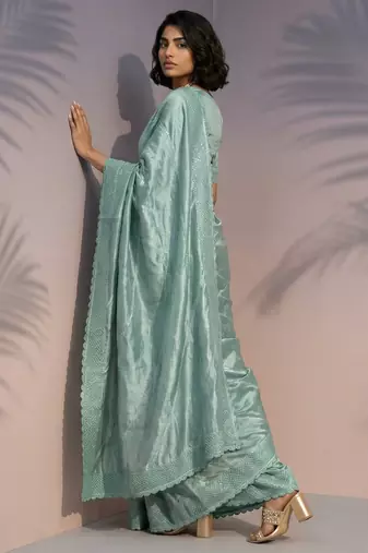 Light green silk blend printed woven design saree whit blouse