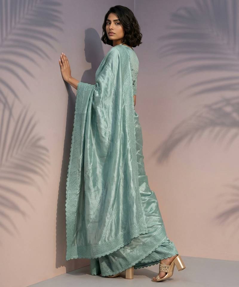 Light green silk blend printed woven design saree whit blouse