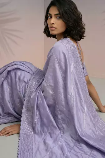 Lavender silk blend printed woven design saree whit blouse