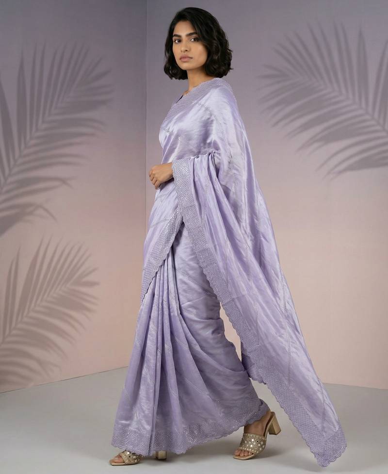 Lavender silk blend printed woven design saree whit blouse