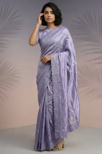 Lavender silk blend printed woven design saree whit blouse