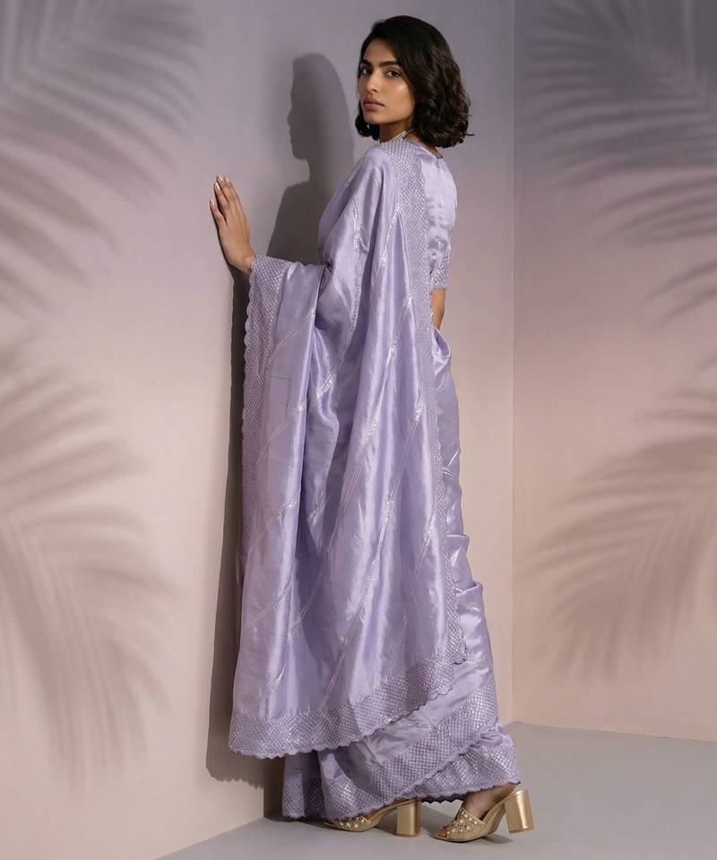 Lavender silk blend printed woven design saree whit blouse