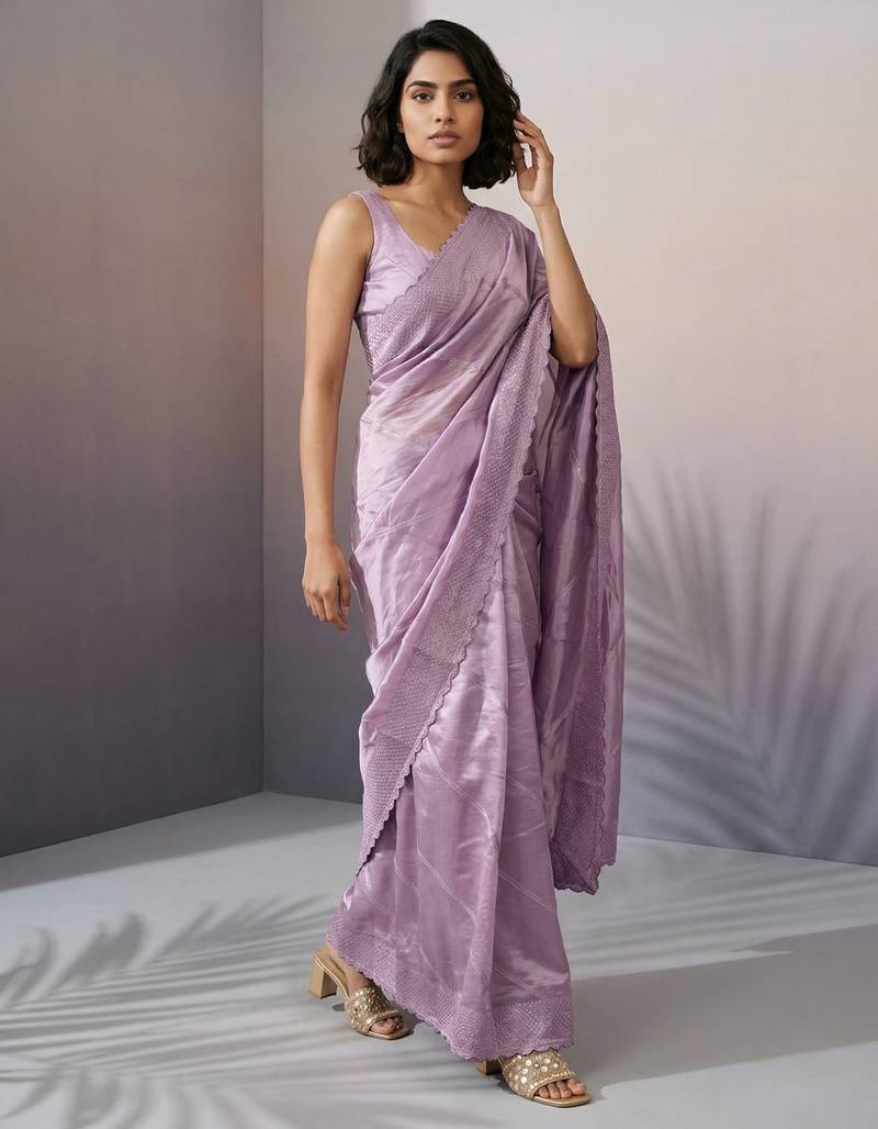 Lilac silk blend printed woven design saree whit blouse