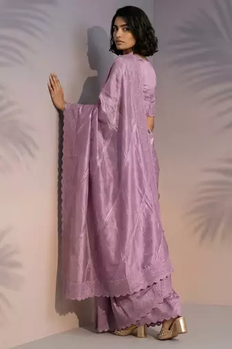 Lilac silk blend printed woven design saree whit blouse