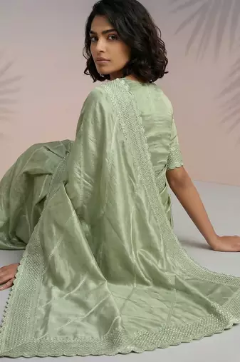 Green silk blend printed woven design saree whit blouse