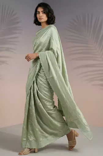 Green silk blend printed woven design saree whit blouse