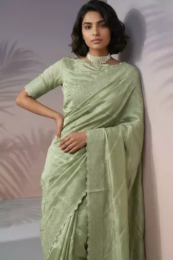 Green silk blend printed woven design saree whit blouse