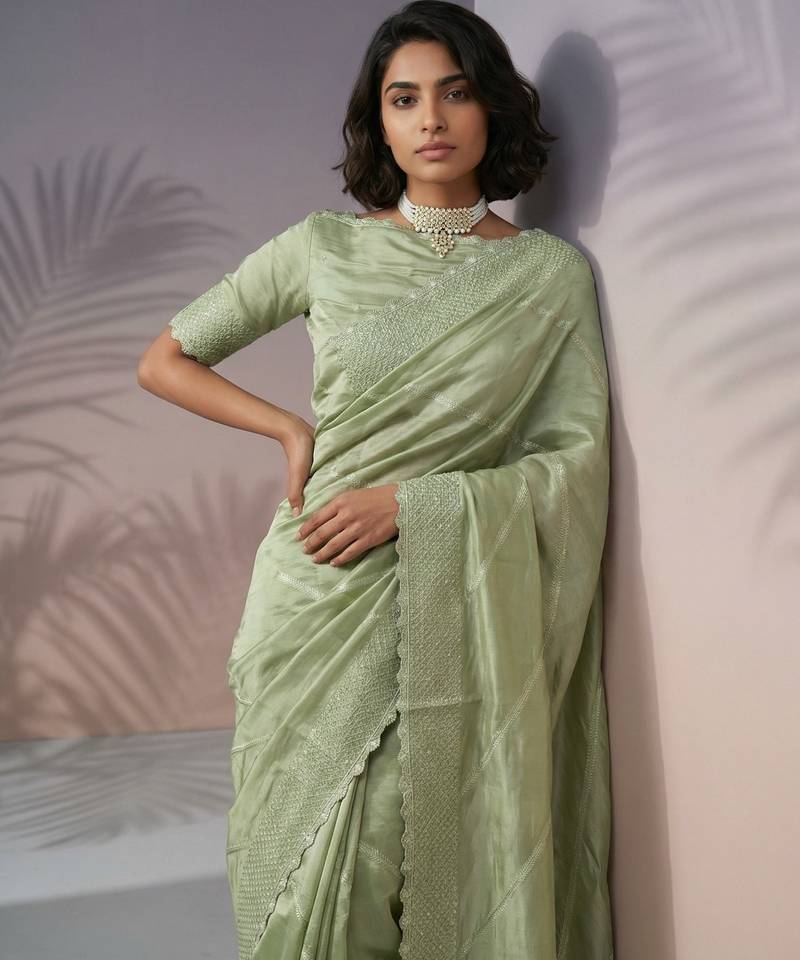 Green silk blend printed woven design saree whit blouse