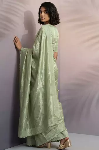 Green silk blend printed woven design saree whit blouse