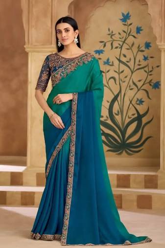 Blue Green Silk Chiffon Stylish Embellished Saree,Sari Comes With Embroidered Blouse