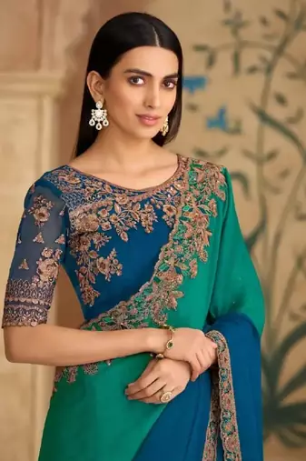 Blue Green Silk Chiffon Stylish Embellished Saree,Sari Comes With Embroidered Blouse