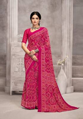 Pink chiffon bandhani geometric printed saree with blouse  1