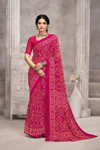 Pink chiffon bandhani geometric printed saree with blouse 