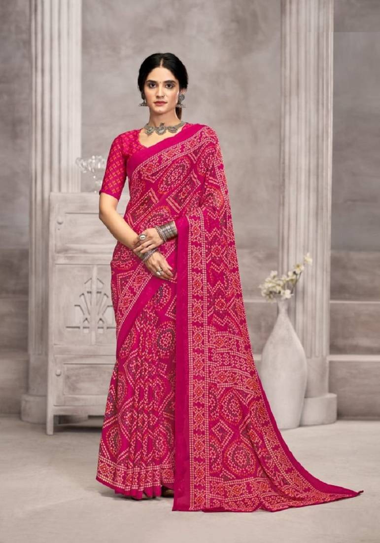 Pink chiffon bandhani geometric printed saree with blouse 