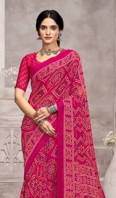 Pink chiffon bandhani geometric printed saree with blouse  2